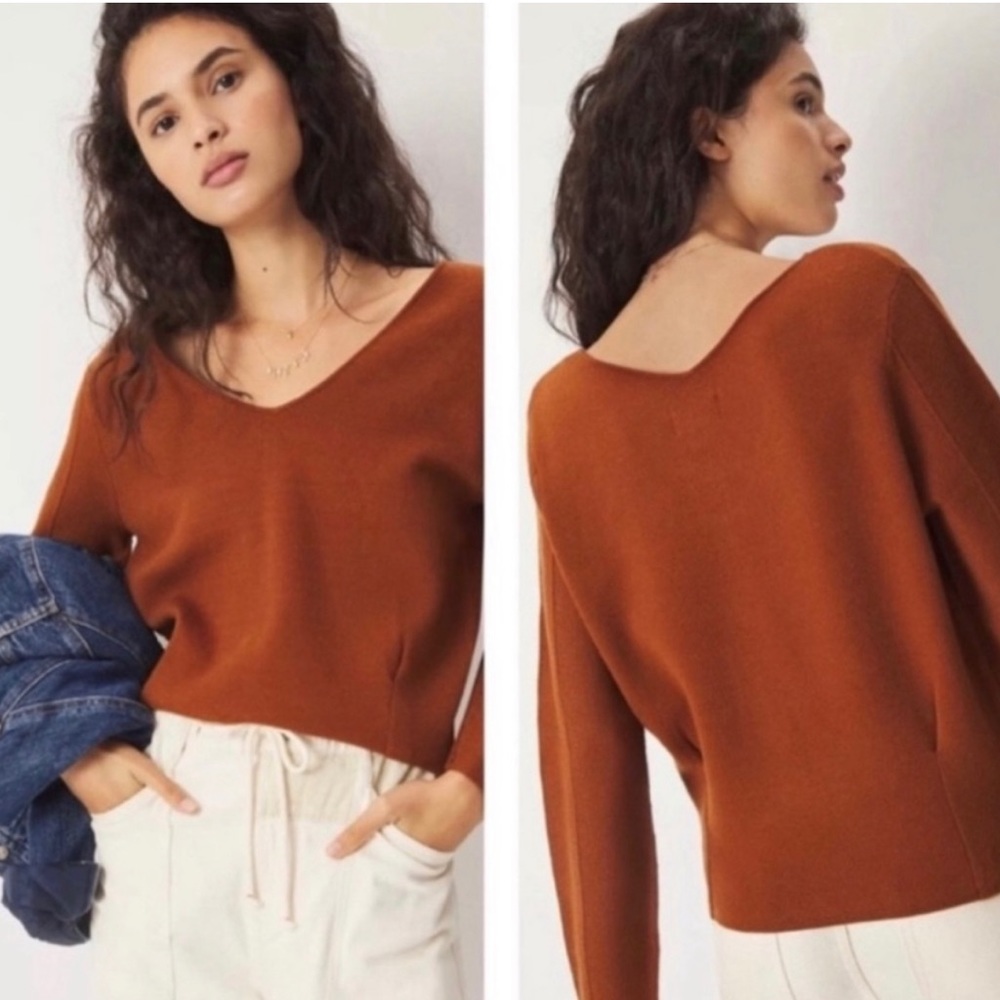 Anthropologie MAEVE Brown V Neck Sweater size XS
